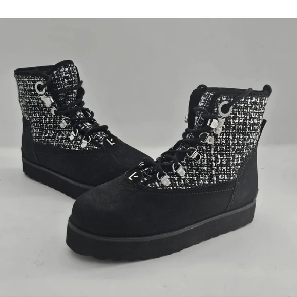 LARROUDE Vail Flat Lace up Boots Size 6.5 Black Suede Tweed NWOB NEW $415